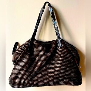 Woven Metallic Copper/Black Patent Vegan Leather Bag with Detachable Thick Strap
